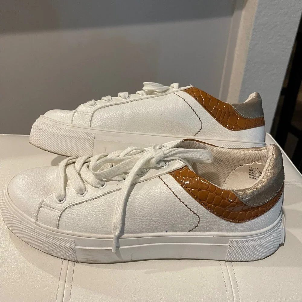 Matisse White Platform Sneakers with Cognac Croc Heel Accent
